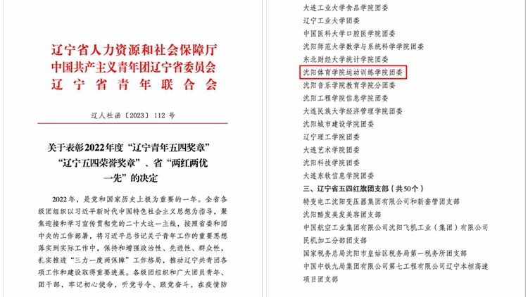 我校运动训练学院团委荣获2022年度“辽宁省先进团委”荣誉称号